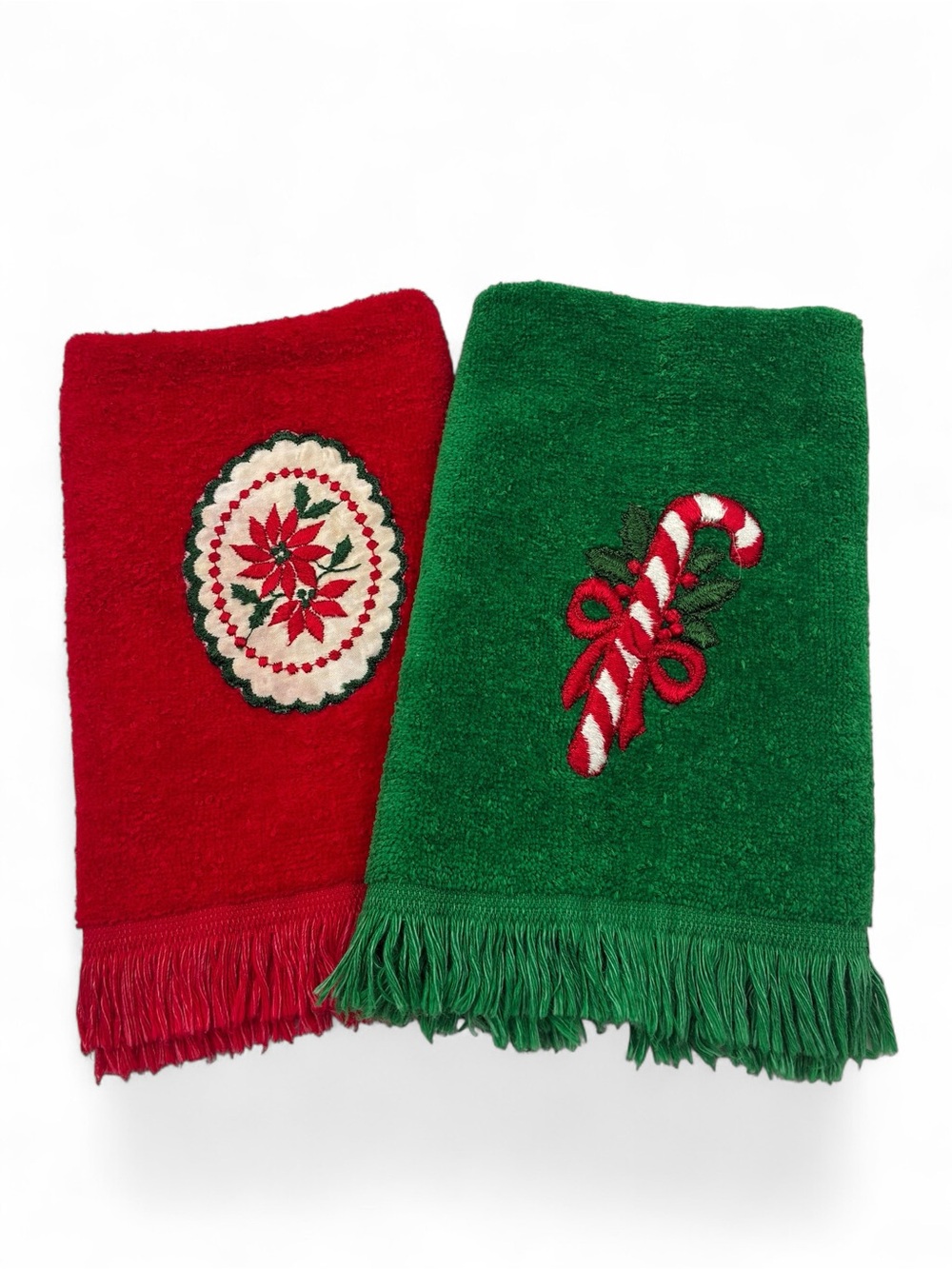 2 Vintage Fieldcrest Holiday Hand Towels Red Green Fringe Applique Made In USA
